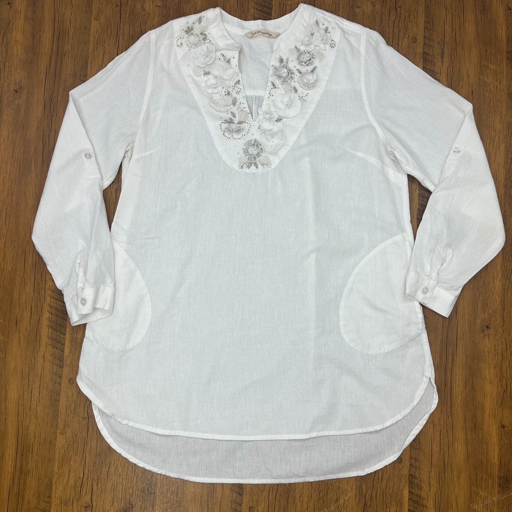 Soft Surroundings White Top Linen‎ Cotton Tunic Floral Embellished Size M